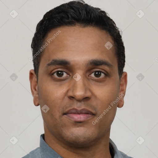 Neutral latino young-adult male with short  black hair and brown eyes