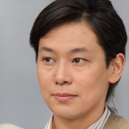 Joyful white adult male with medium  brown hair and brown eyes