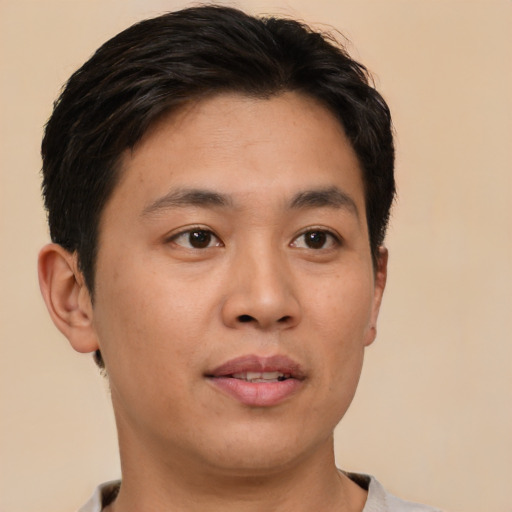 Neutral asian young-adult male with short  brown hair and brown eyes