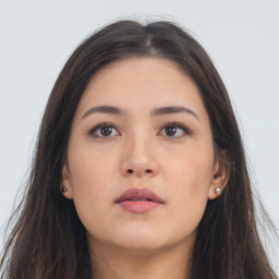 Neutral asian young-adult female with long  brown hair and brown eyes