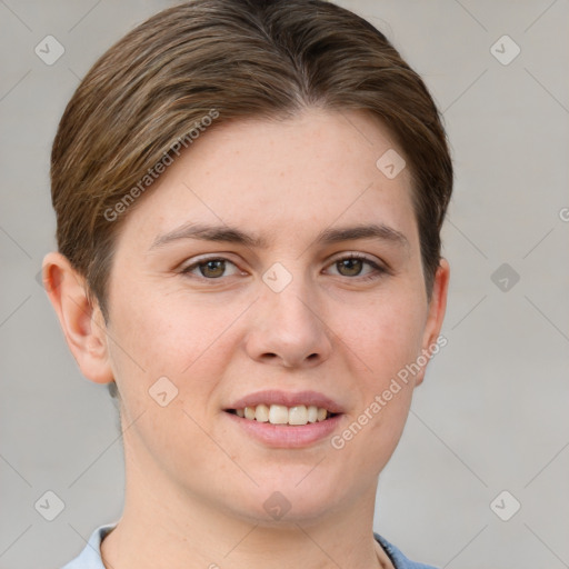 Joyful white young-adult female with short  brown hair and grey eyes