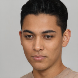 Neutral latino young-adult male with short  black hair and brown eyes