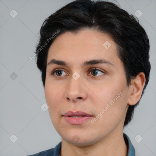 Neutral white young-adult female with medium  brown hair and brown eyes