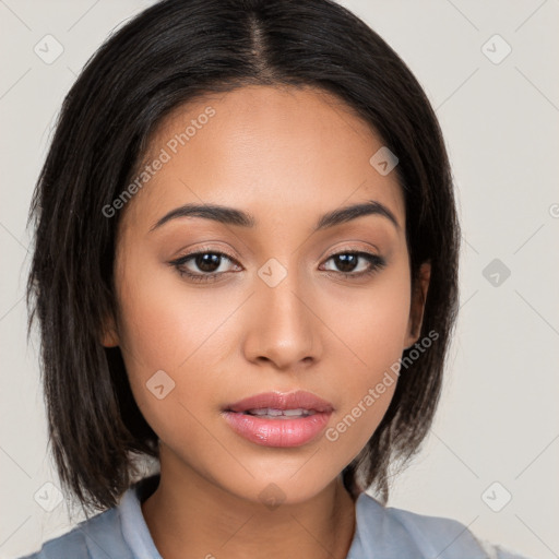 Neutral white young-adult female with long  brown hair and brown eyes