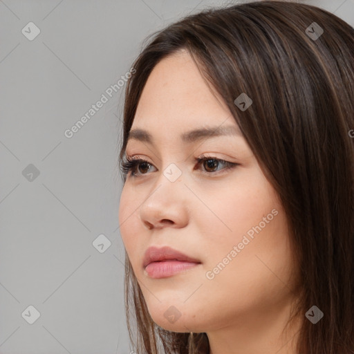 Neutral white young-adult female with medium  brown hair and brown eyes