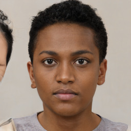 Neutral black young-adult female with short  black hair and brown eyes