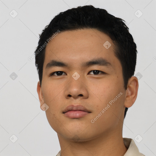 Neutral asian young-adult male with short  black hair and brown eyes