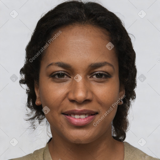 Joyful black young-adult female with medium  brown hair and brown eyes