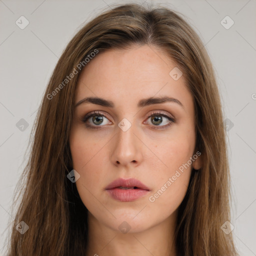 Neutral white young-adult female with long  brown hair and brown eyes