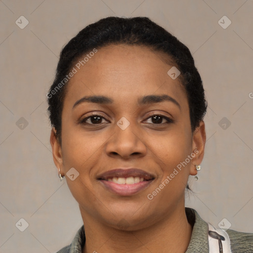 Joyful latino young-adult female with short  black hair and brown eyes