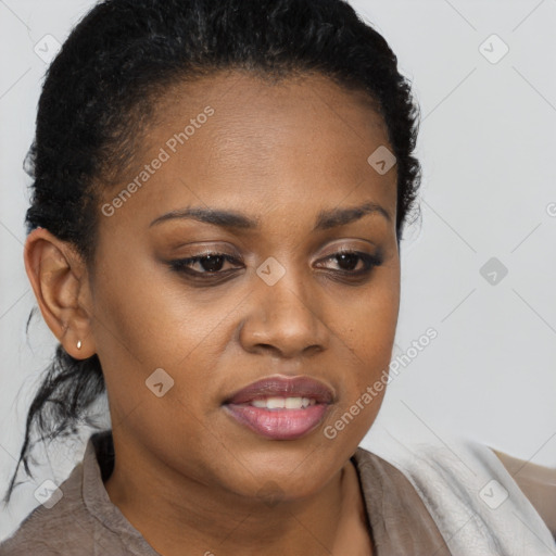 Joyful black young-adult female with medium  brown hair and brown eyes