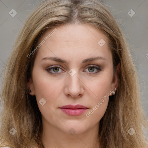 Joyful white young-adult female with long  brown hair and grey eyes