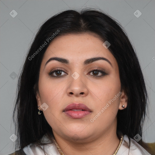 Neutral latino young-adult female with medium  brown hair and brown eyes
