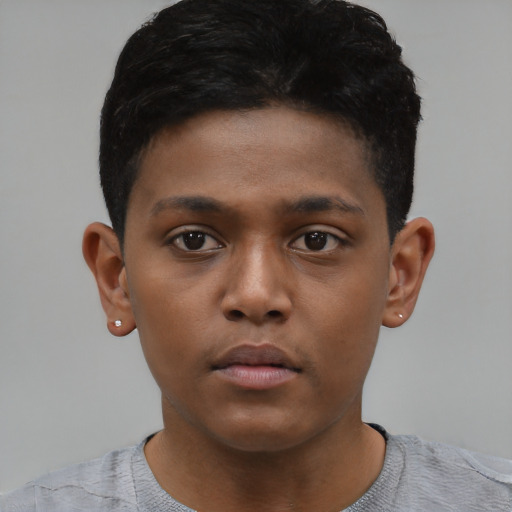 Neutral black young-adult male with short  black hair and brown eyes