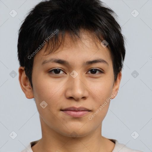 Neutral asian young-adult female with short  brown hair and brown eyes