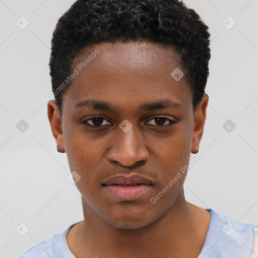 Joyful black young-adult male with short  brown hair and brown eyes