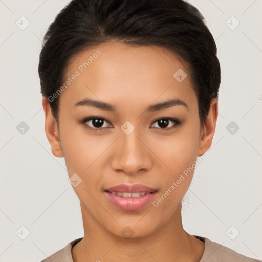 Joyful latino young-adult female with short  brown hair and brown eyes