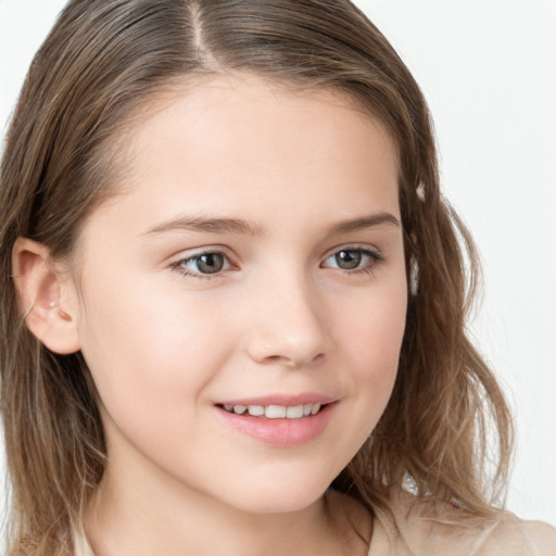 Joyful white child female with long  brown hair and brown eyes