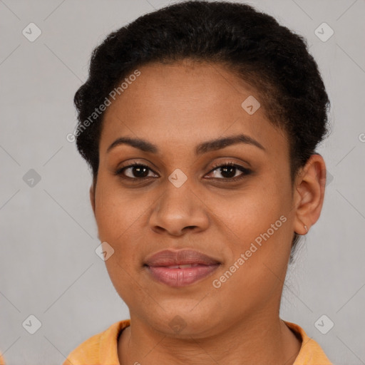 Joyful latino young-adult female with short  brown hair and brown eyes