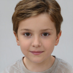 Joyful white child female with short  brown hair and brown eyes