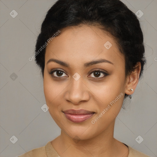 Joyful latino young-adult female with short  brown hair and brown eyes