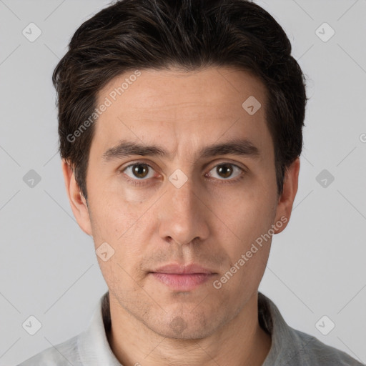 Neutral white adult male with short  brown hair and brown eyes