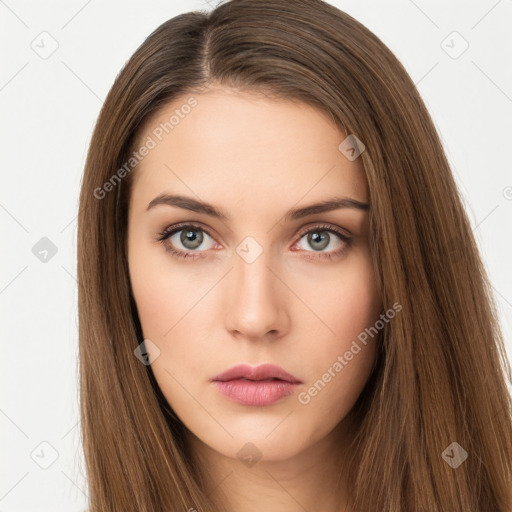 Neutral white young-adult female with long  brown hair and brown eyes