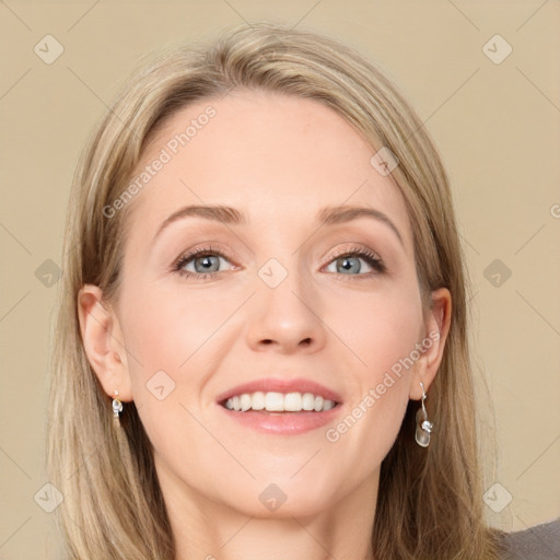 Joyful white young-adult female with long  brown hair and grey eyes