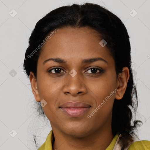 Joyful black young-adult female with medium  brown hair and brown eyes