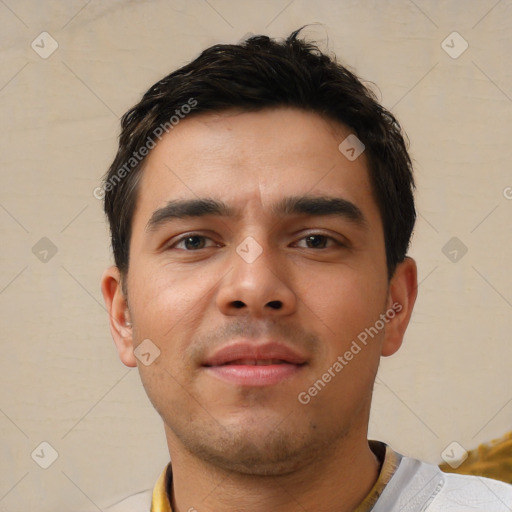 Neutral asian young-adult male with short  black hair and brown eyes