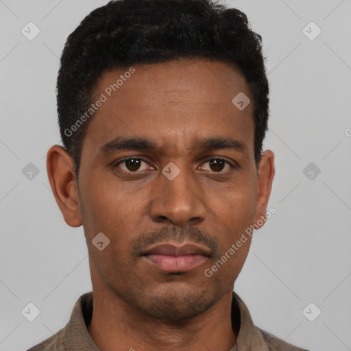 Neutral black young-adult male with short  black hair and brown eyes