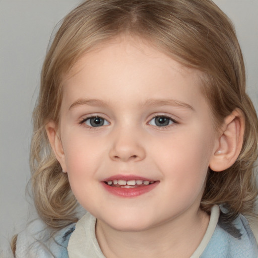 Joyful white child female with medium  brown hair and brown eyes