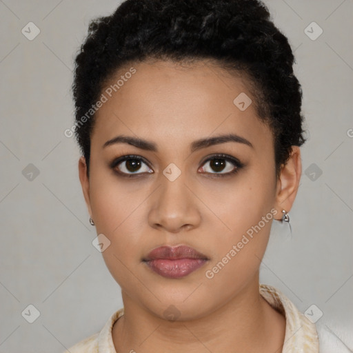 Neutral latino young-adult female with short  black hair and brown eyes