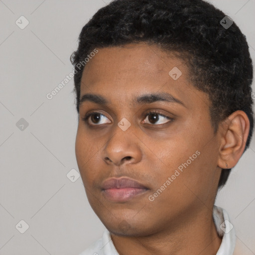 Neutral black young-adult male with short  black hair and brown eyes