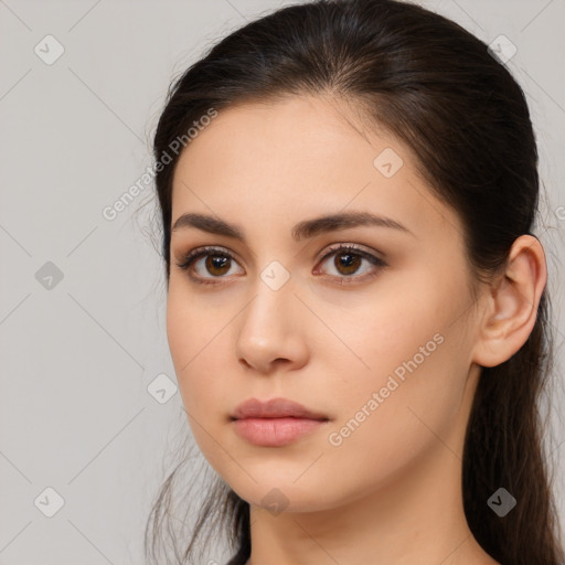 Neutral white young-adult female with long  brown hair and brown eyes