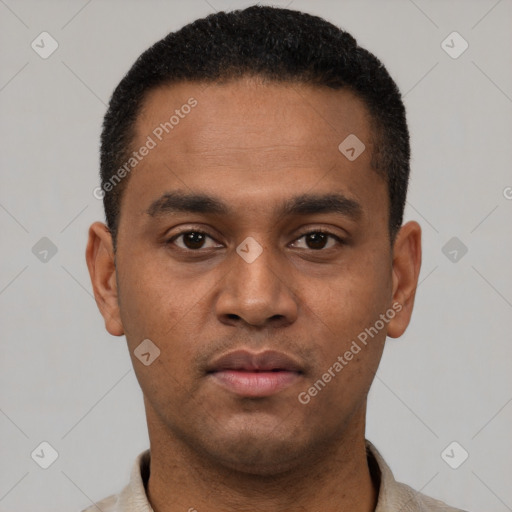 Neutral latino young-adult male with short  black hair and brown eyes