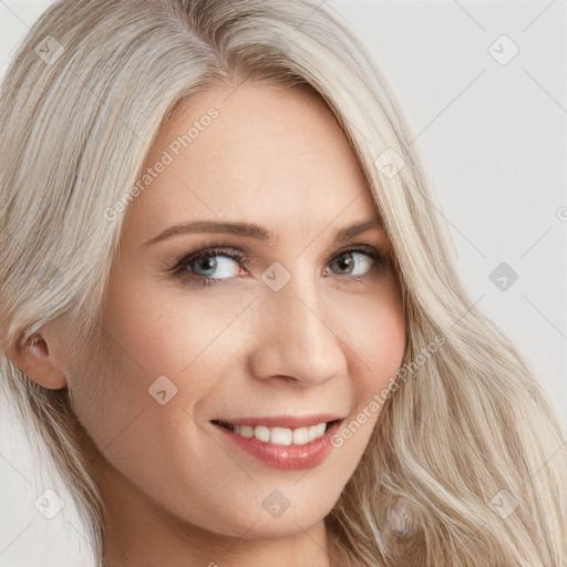 Joyful white young-adult female with long  blond hair and blue eyes