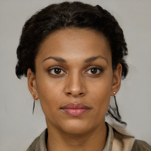 Neutral black young-adult female with short  brown hair and brown eyes