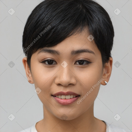 Joyful asian young-adult female with short  black hair and brown eyes