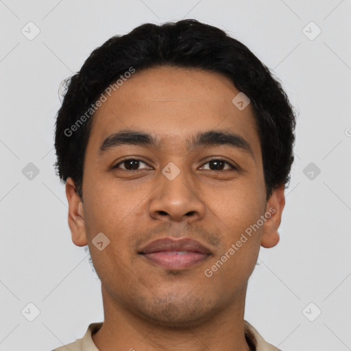 Neutral latino young-adult male with short  black hair and brown eyes