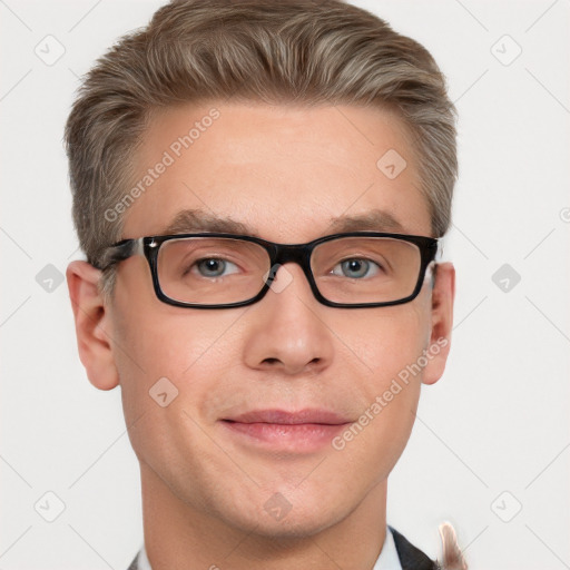 Joyful white adult male with short  brown hair and grey eyes