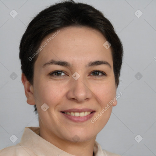 Joyful white young-adult female with short  brown hair and brown eyes