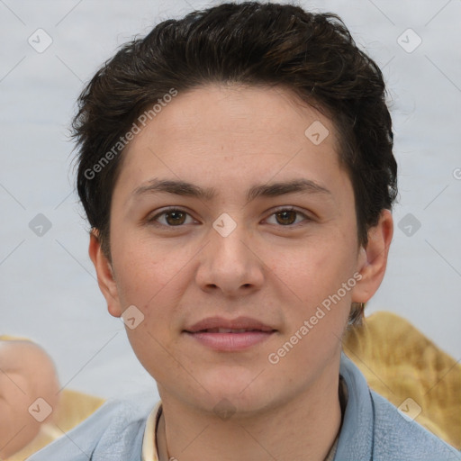 Joyful white young-adult female with short  brown hair and brown eyes