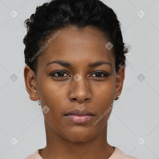 Neutral black young-adult female with short  black hair and brown eyes