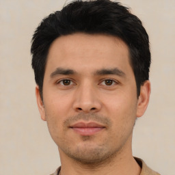 Neutral asian young-adult male with short  black hair and brown eyes