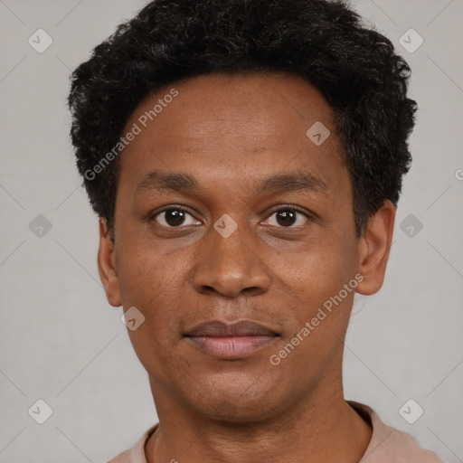 Neutral black adult male with short  black hair and brown eyes