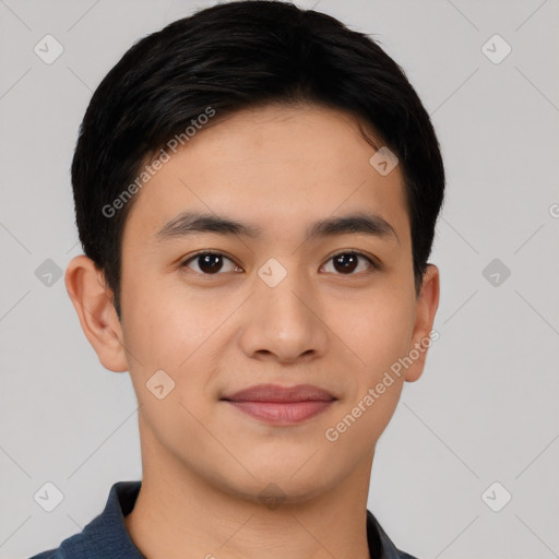 Joyful asian young-adult male with short  black hair and brown eyes