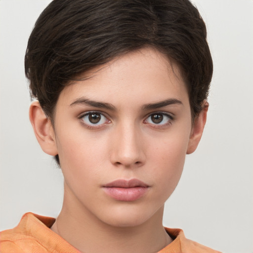 Neutral white young-adult female with short  brown hair and brown eyes