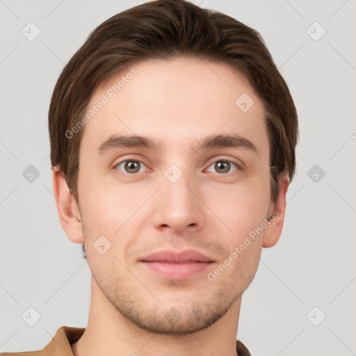 Neutral white young-adult male with short  brown hair and grey eyes