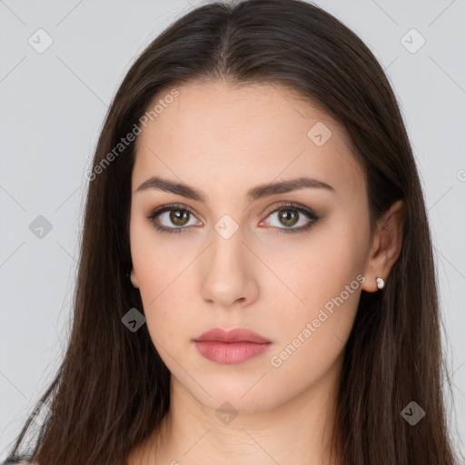 Neutral white young-adult female with long  brown hair and brown eyes